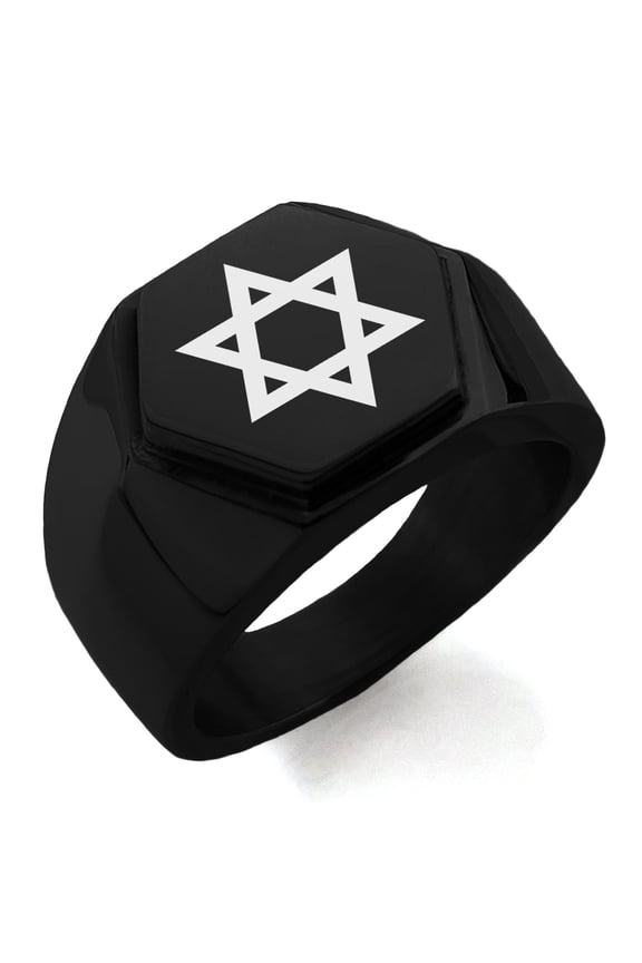 Stainless Steel Hexagram Star of David Engraved Hexagon Crest Flat Top Biker Style Polished Ring