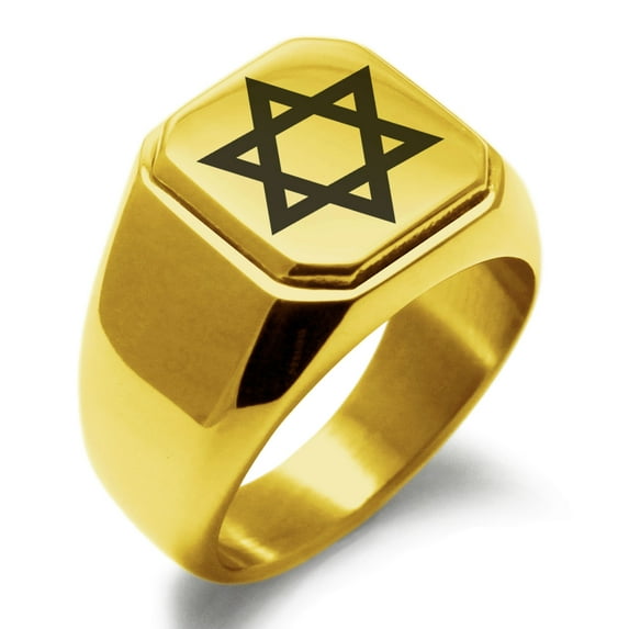 Tioneer Stainless Steel Hexagram Star of David Engraved Square Flat Top Biker Style Polished Signet Ring