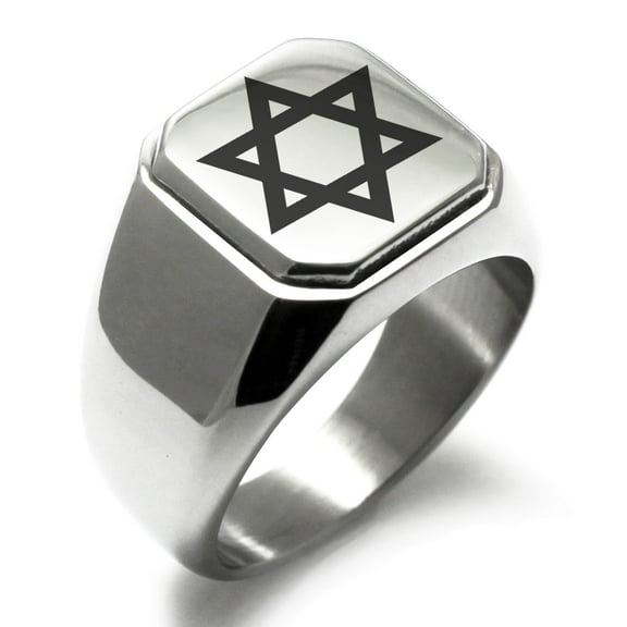 Tioneer Stainless Steel Hexagram Star of David Engraved Square Flat Top Biker Style Polished Signet Ring