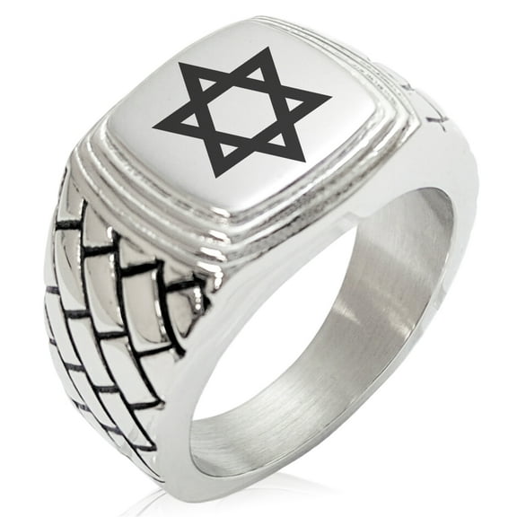 Tioneer Stainless Steel Hexagram Star of David Geometric Pattern Step-Down Biker Style Polished Ring