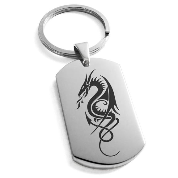 Tioneer Stainless Steel Horned Dragon Engraved Dog Tag Keychain Keyring