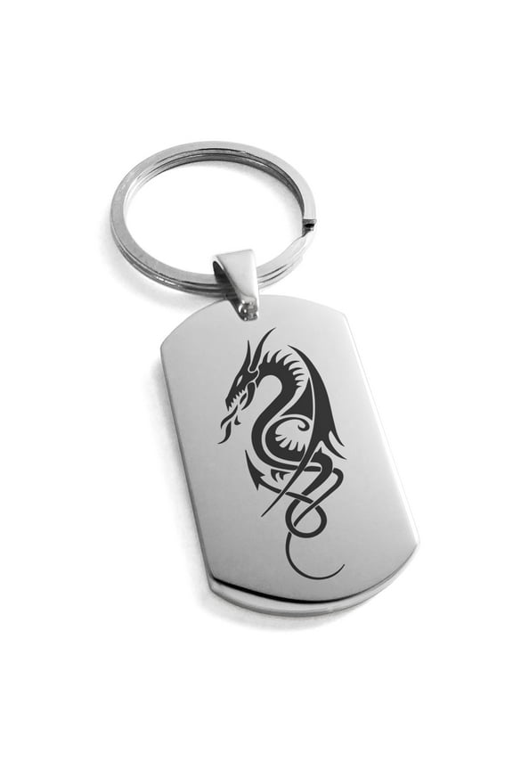 Stainless Steel Horned Dragon Engraved Dog Tag Keychain Keyring