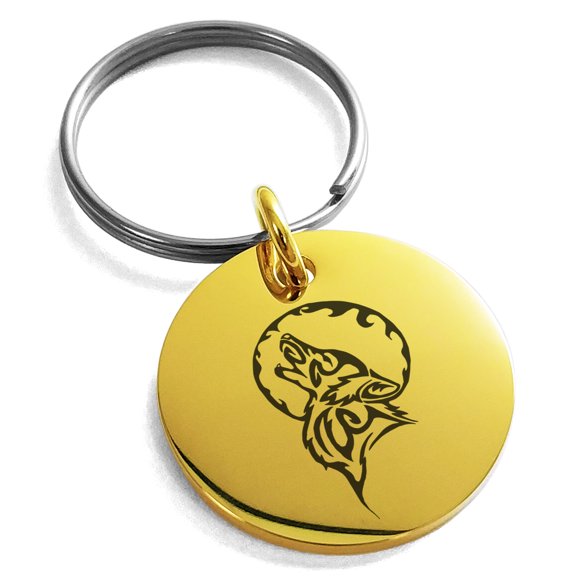 Tioneer Stainless Steel Howling Mad Wolf Engraved Small Medallion Circle Charm Keychain Keyring