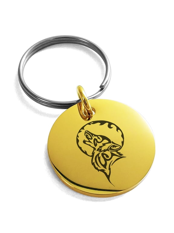 Stainless Steel Howling Mad Wolf Engraved Small Medallion Circle Charm Keychain Keyring