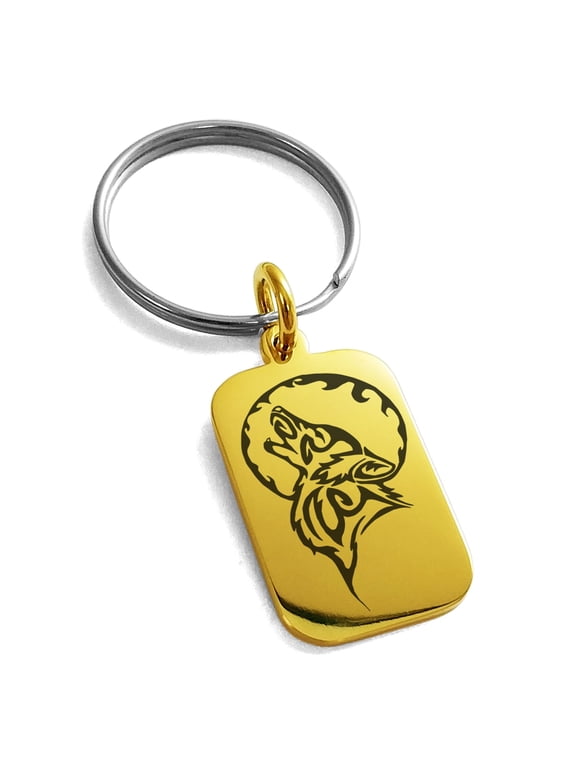 Stainless Steel Howling Mad Wolf Engraved Small Rectangle Dog Tag Charm Keychain Keyring