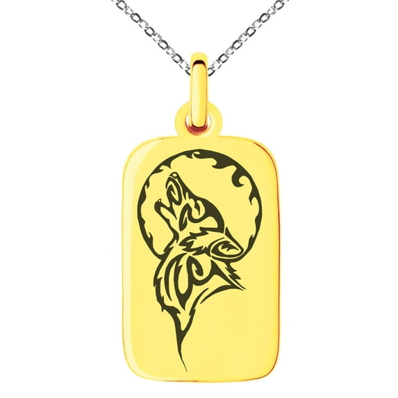 Tioneer Stainless Steel Howling Mad Wolf Engraved Small Rectangle Dog Tag Charm Pendant Necklace