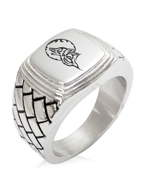 Stainless Steel Howling Mad Wolf Geometric Pattern Step-Down Biker Style Polished Ring