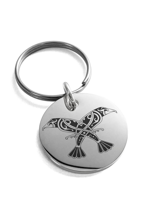 Stainless Steel Huginn & Muninn Odin's Engraved Medallion Circle Charm Celtic Keychain