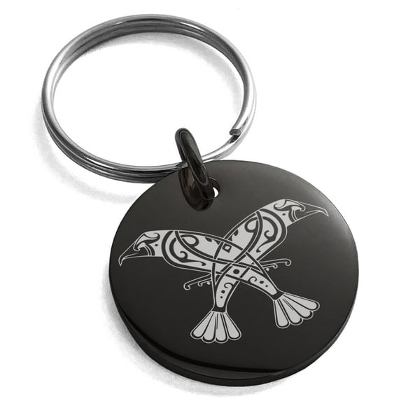 Tioneer Stainless Steel Huginn & Muninn Odin's Twin Ravens Engraved Circle Charm Celtic Keychain