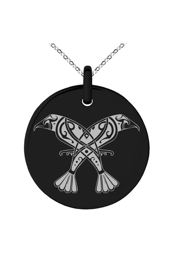 Stainless Steel Huginn & Muninn Odin's Twin Ravens Engraved Small Medallion Circle Charm Pendant Necklace