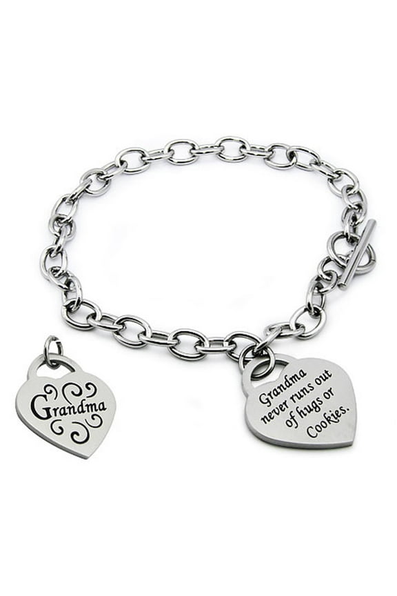 Stainless Steel I Love Grandma Heart Tag Charm Toggle Bracelet