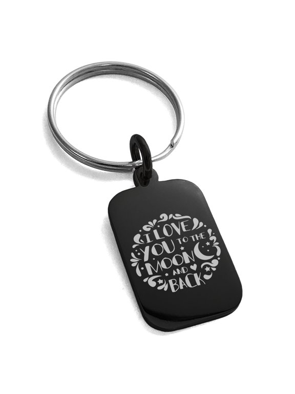 Stainless Steel I Love You to the Moon and Back Engraved Small Rectangle Dog Tag Charm Keychain Keyring