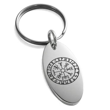 Tioneer Stainless Steel Icelandic Vegvisir Viking Rune Engraved Small Oval Charm Keychain Keyring