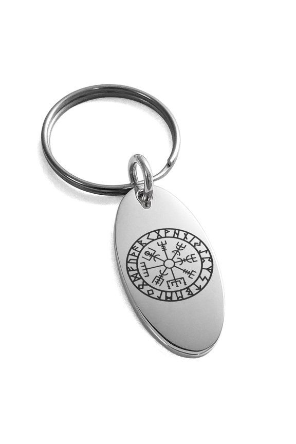 Stainless Steel Icelandic Vegvisir Viking Rune Engraved Small Oval Charm Keychain Keyring
