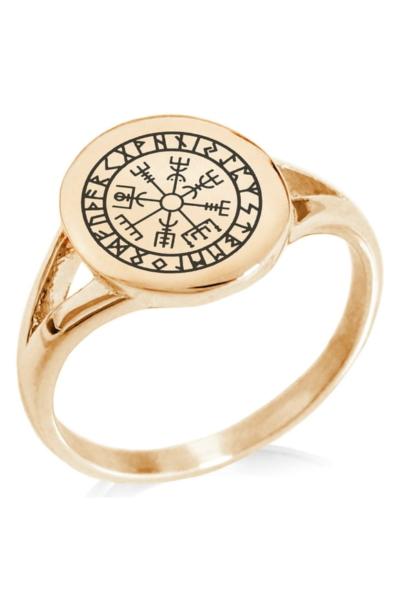 Stainless Steel Icelandic Vegvisir Viking Rune Minimalist Oval Top Polished Statement Signet Ring