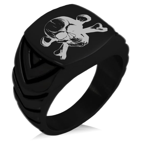 Tioneer Stainless Steel Iconic Pirate Crossbones Skull Chevron Pattern Biker Style Polished Ring