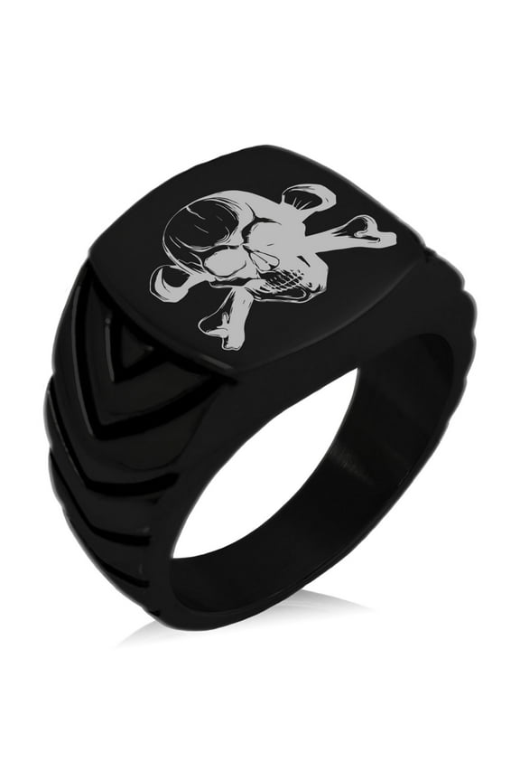 Stainless Steel Iconic Pirate Crossbones Skull Chevron Pattern Biker Style Polished Ring