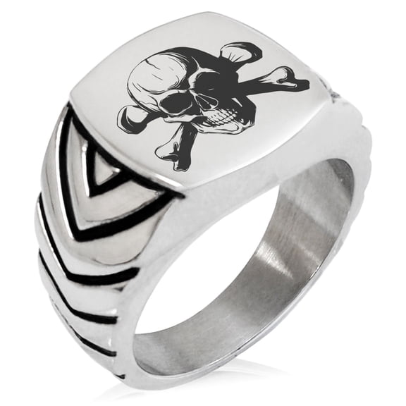 Tioneer Stainless Steel Iconic Pirate Crossbones Skull Chevron Pattern Biker Style Polished Ring