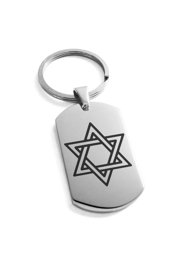 Stainless Steel Interlocking Hexagram Star of David Engraved Dog Tag Keychain Keyring