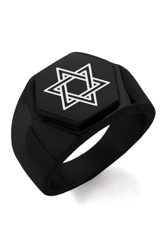 Stainless Steel Interlocking Hexagram Star of David Engraved Hexagon Crest Flat Top Biker Style Polished Ring