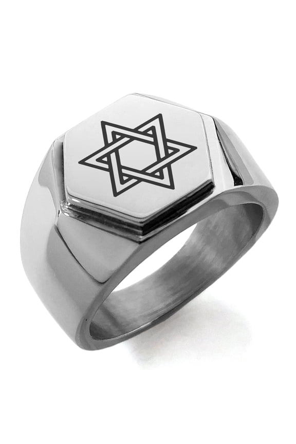 Stainless Steel Interlocking Hexagram Star of David Engraved Hexagon Crest Flat Top Biker Style Polished Ring