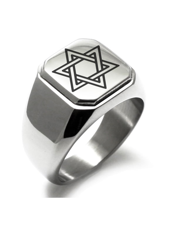 Stainless Steel Interlocking Hexagram Star of David Engraved Square Flat Top Biker Style Polished Signet Ring