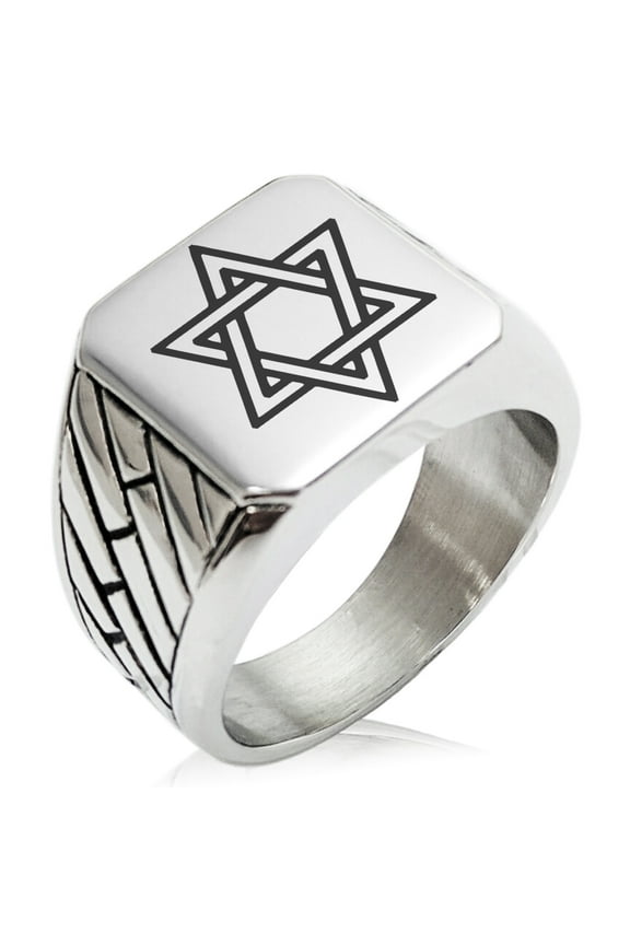 Stainless Steel Interlocking Hexagram Star of David Geometric Pattern Biker Style Polished Ring