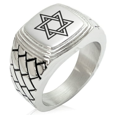 Tioneer Stainless Steel Interlocking Hexagram Star of David Geometric Pattern Step-Down Biker Style Polished Ring