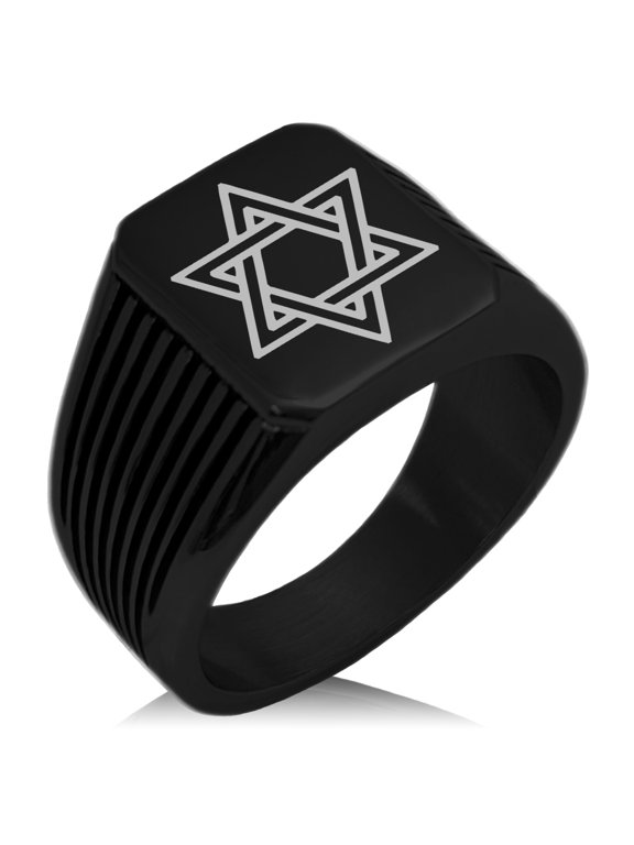 Stainless Steel Interlocking Hexagram Star of David Needle Stripe Pattern Biker Style Polished Ring