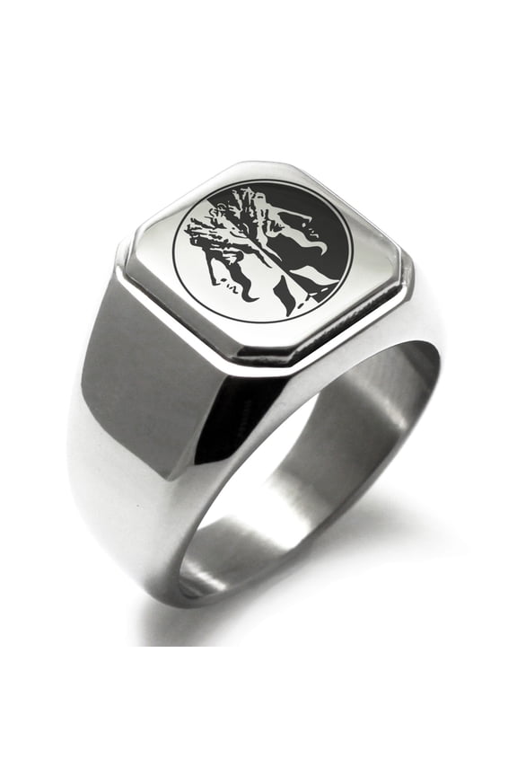 Stainless Steel Janus Greek God of Beginnings Engraved Square Flat Top Biker Style Polished Signet Ring