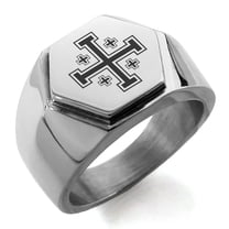 Tioneer Stainless Steel Jerusalem Cross Engraved Hexagon Crest Flat Top Biker Style Polished Ring