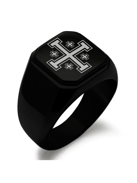 Stainless Steel Jerusalem Cross Engraved Square Flat Top Biker Style Polished Signet Ring