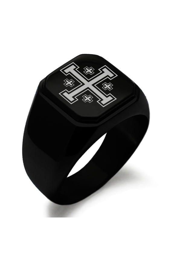 Stainless Steel Jerusalem Cross Engraved Square Flat Top Biker Style Polished Signet Ring