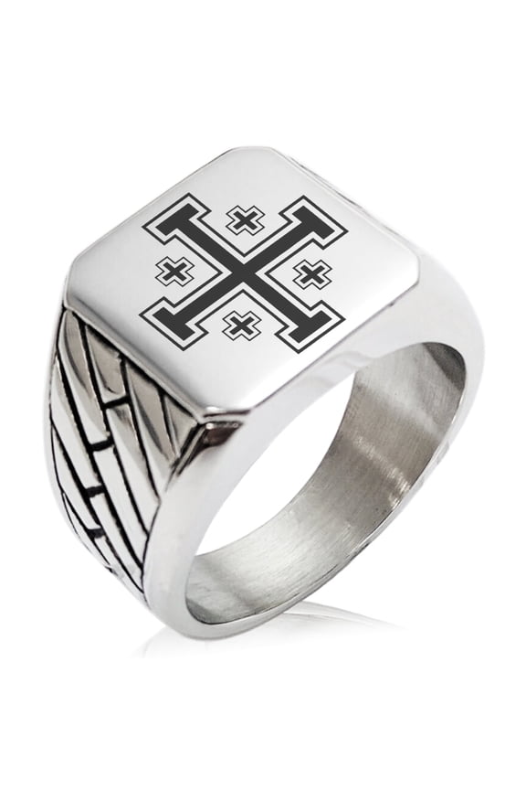 Stainless Steel Jerusalem Cross Geometric Pattern Biker Style Polished Ring