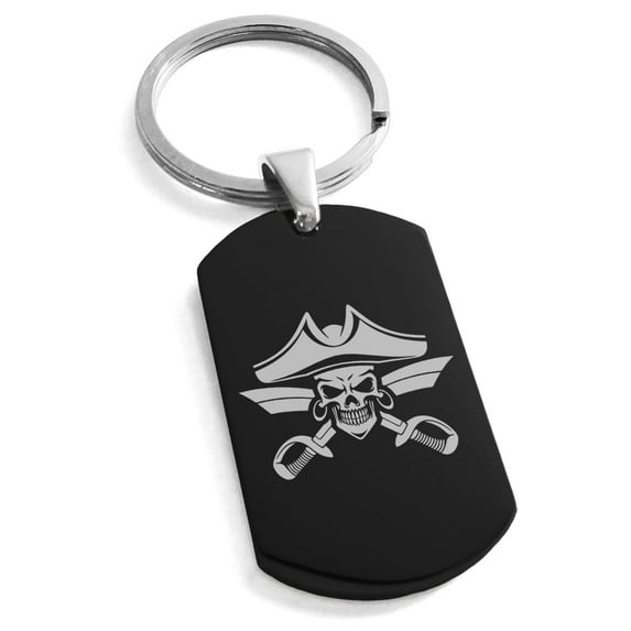 Tioneer Stainless Steel Jolly Roger Skull Pirates Cross Swords Engraved Rectangular Dog Tag Keychain Keyring For Unisex 30mm.