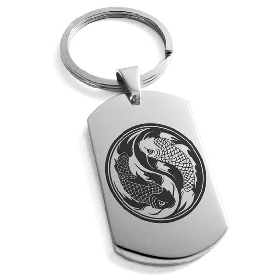 Tioneer Stainless Steel Koi Fish Yin Yang Engraved Dog Tag Keychain Keyring