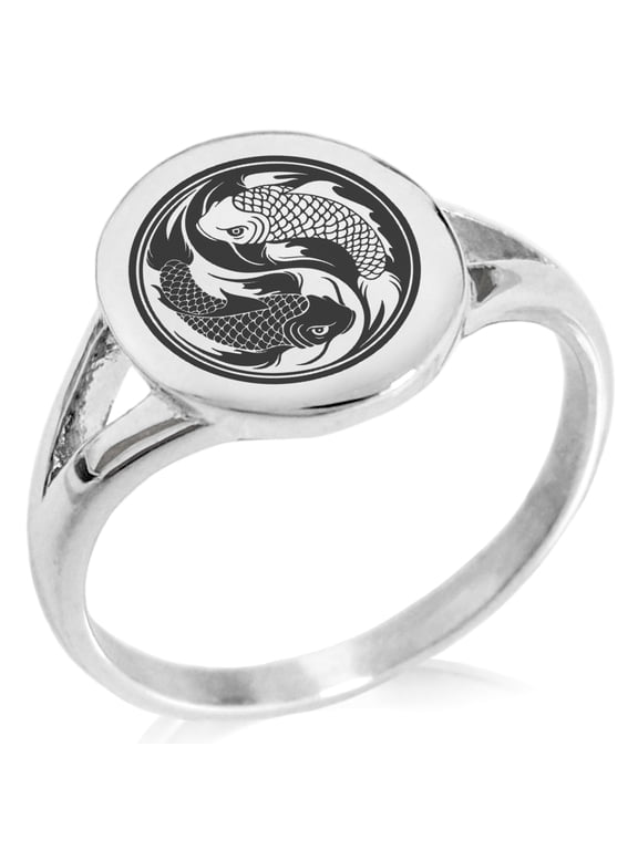 Stainless Steel Koi Fish Yin Yang Minimalist Oval Top Polished Statement Signet Ring