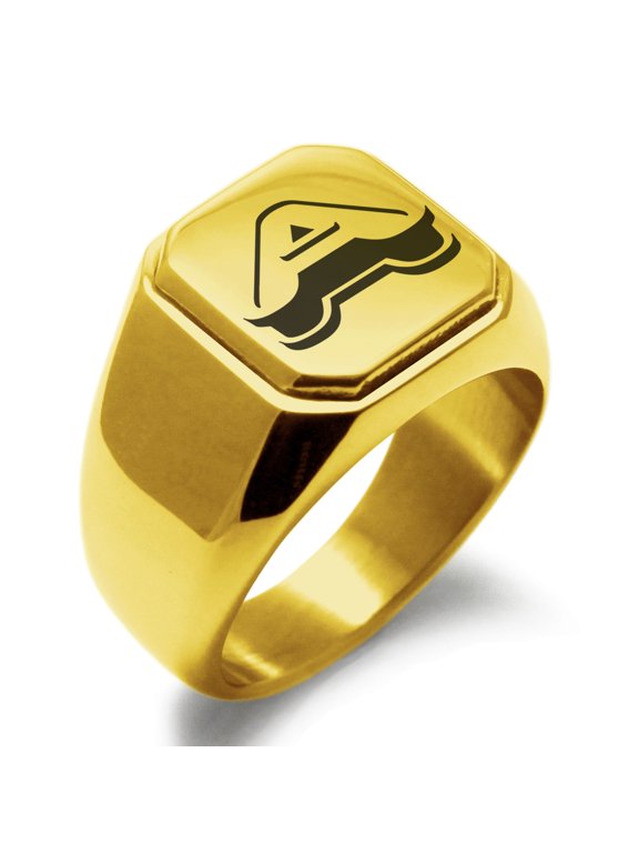 Stainless Steel Letter A Initial 3D Monogram Engraved Engraved Square Flat Top Biker Style Polished Signet Ring