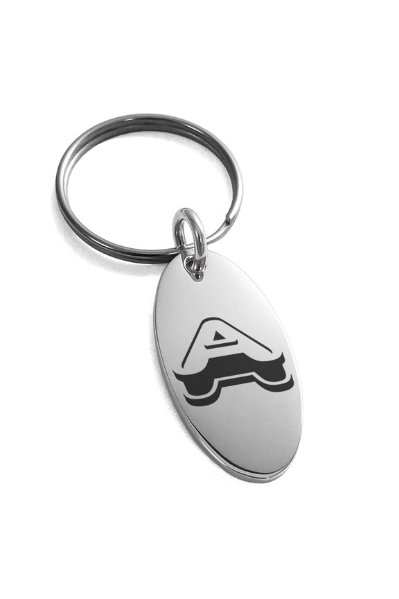 Stainless Steel Letter A Initial 3D Monogram Engraved Small Oval Charm Keychain Keyring