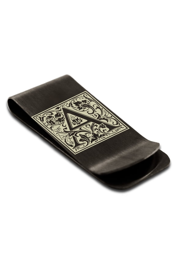 Stainless Steel Letter A Initial Floral Box Monogram Engraved Engraved Money Clip Credit Card Holder