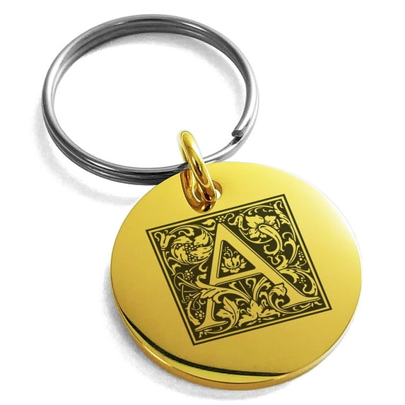 Tioneer Stainless Steel Letter A Initial Floral Box Monogram Engraved Small Medallion Circle Charm Keychain Keyring