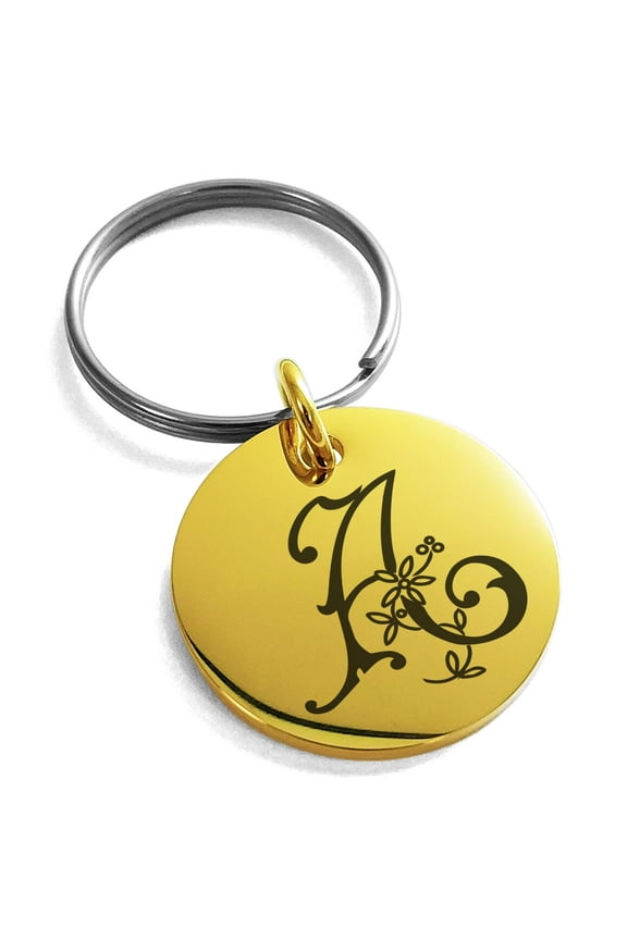Stainless Steel Letter A Initial Floral Monogram Engraved Small Medallion Circle Charm Keychain Keyring