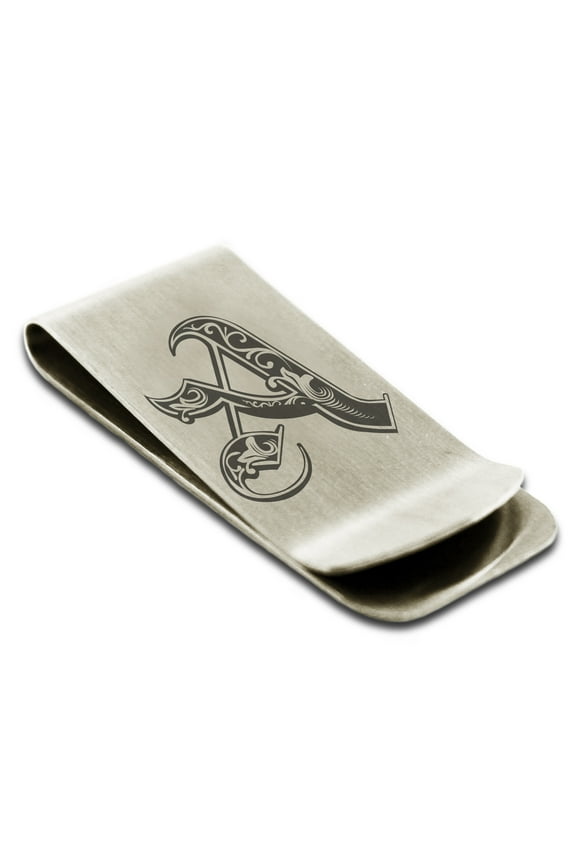Stainless Steel Letter A Initial Royal Monogram Engraved Engraved Money Clip Credit Card Holder