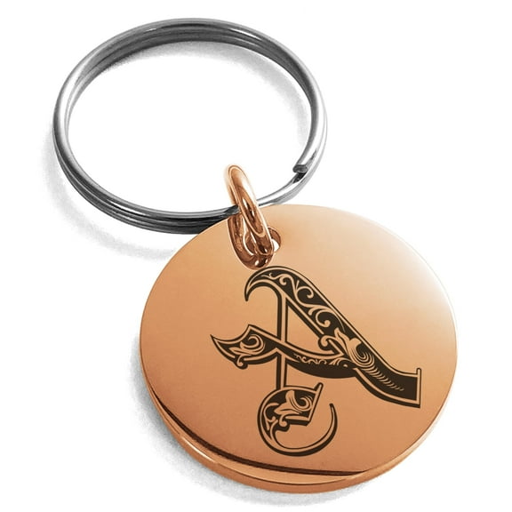 Tioneer Stainless Steel Letter A Initial Royal Monogram Engraved Small Medallion Circle Charm Keychain Keyring