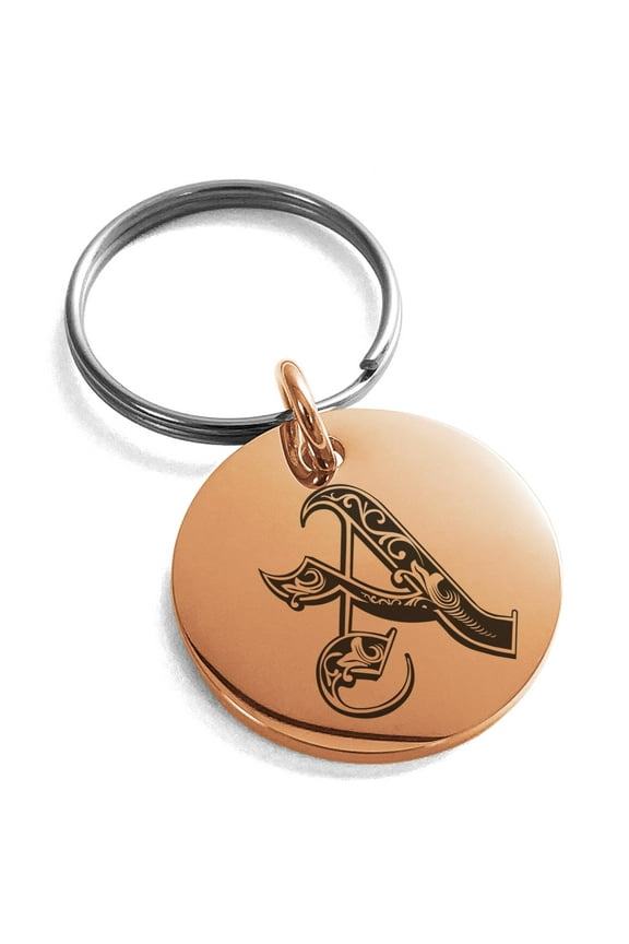 Stainless Steel Letter A Initial Royal Monogram Engraved Small Medallion Circle Charm Keychain Keyring