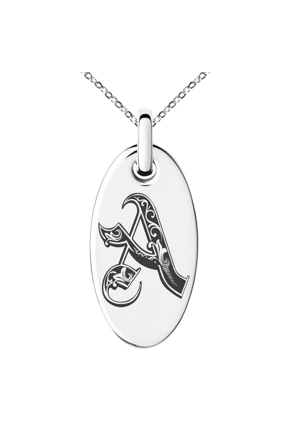 Stainless Steel Letter A Initial Royal Monogram Engraved Small Oval Charm Pendant Necklace