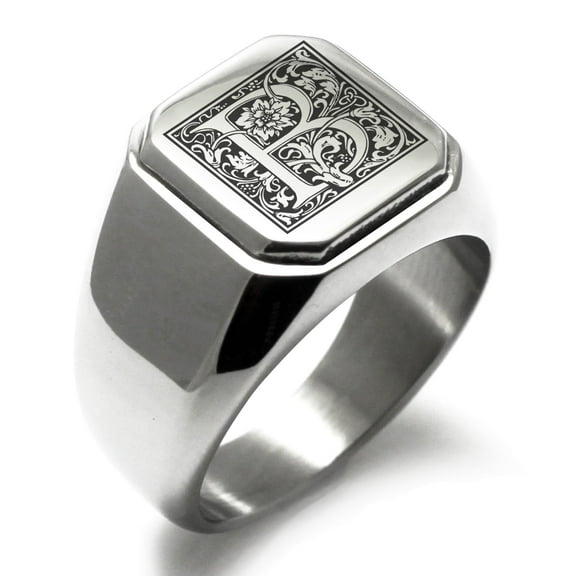 Tioneer Stainless Steel Letter B Initial Floral Box Monogram Engraved Square Flat Top Biker Style Polished Signet Ring