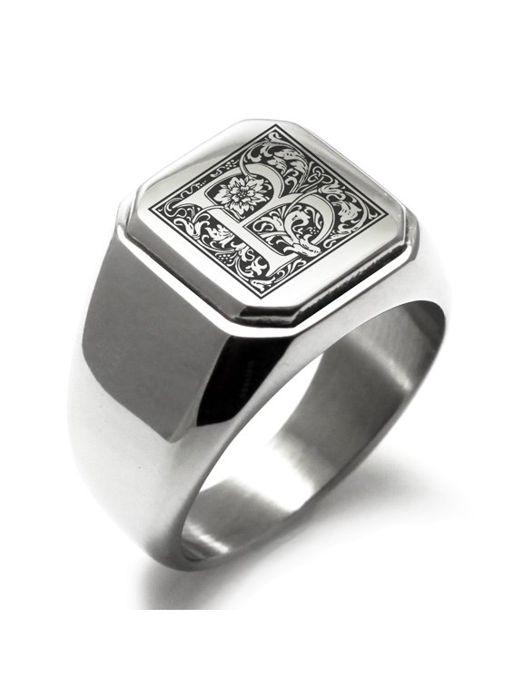 Stainless Steel Letter B Initial Floral Box Monogram Engraved Square Flat Top Biker Style Polished Signet Ring