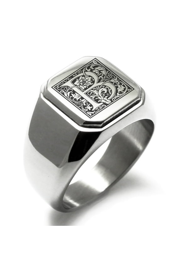 Stainless Steel Letter B Initial Floral Box Monogram Engraved Adult Square CZ Flat Top Male Signet Ring