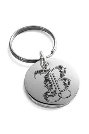 Stainless Steel Letter B Initial Royal Monogram Engraved Small Medallion Circle Charm Keychain Keyring